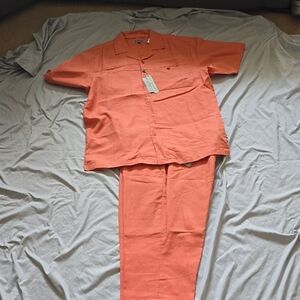 Stacy Adams Men's Coral Orange Short Sleeve Button-Down Shirt & Pants Set